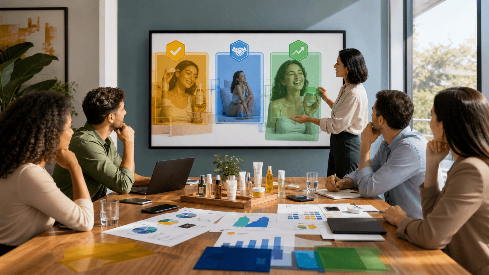 Magnifying glass over influencer profile cards and contract documents on a blue-lit desk
