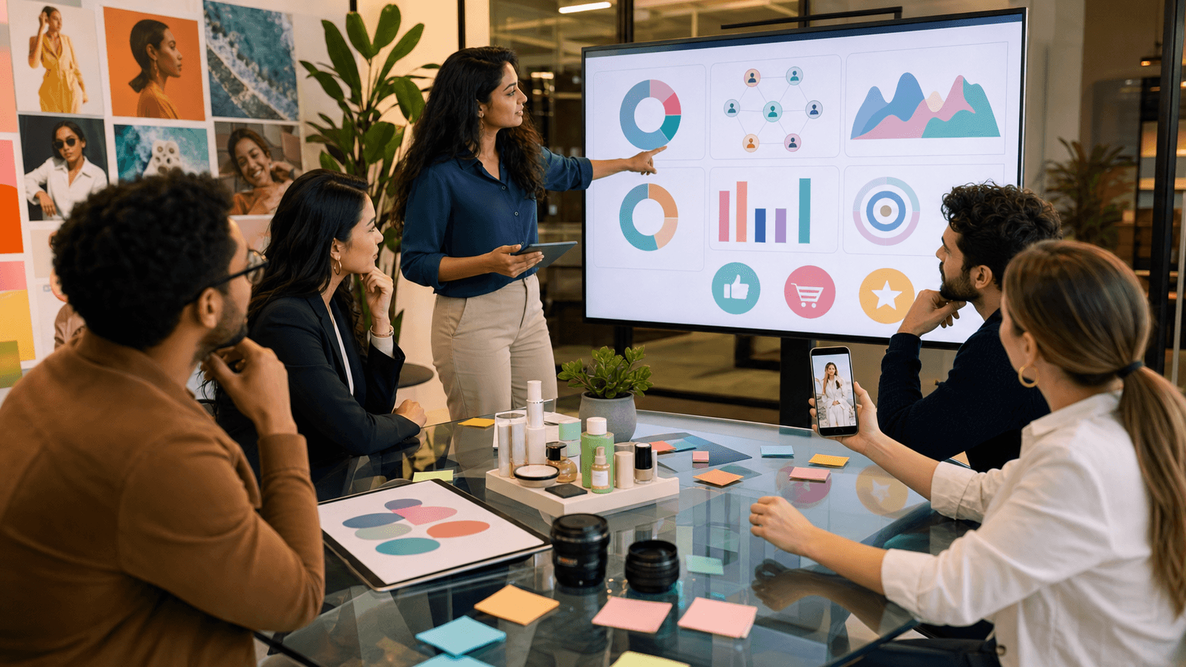 Person analyzing colorful social media charts on a laptop, with metrics icons floating on a clean white background.