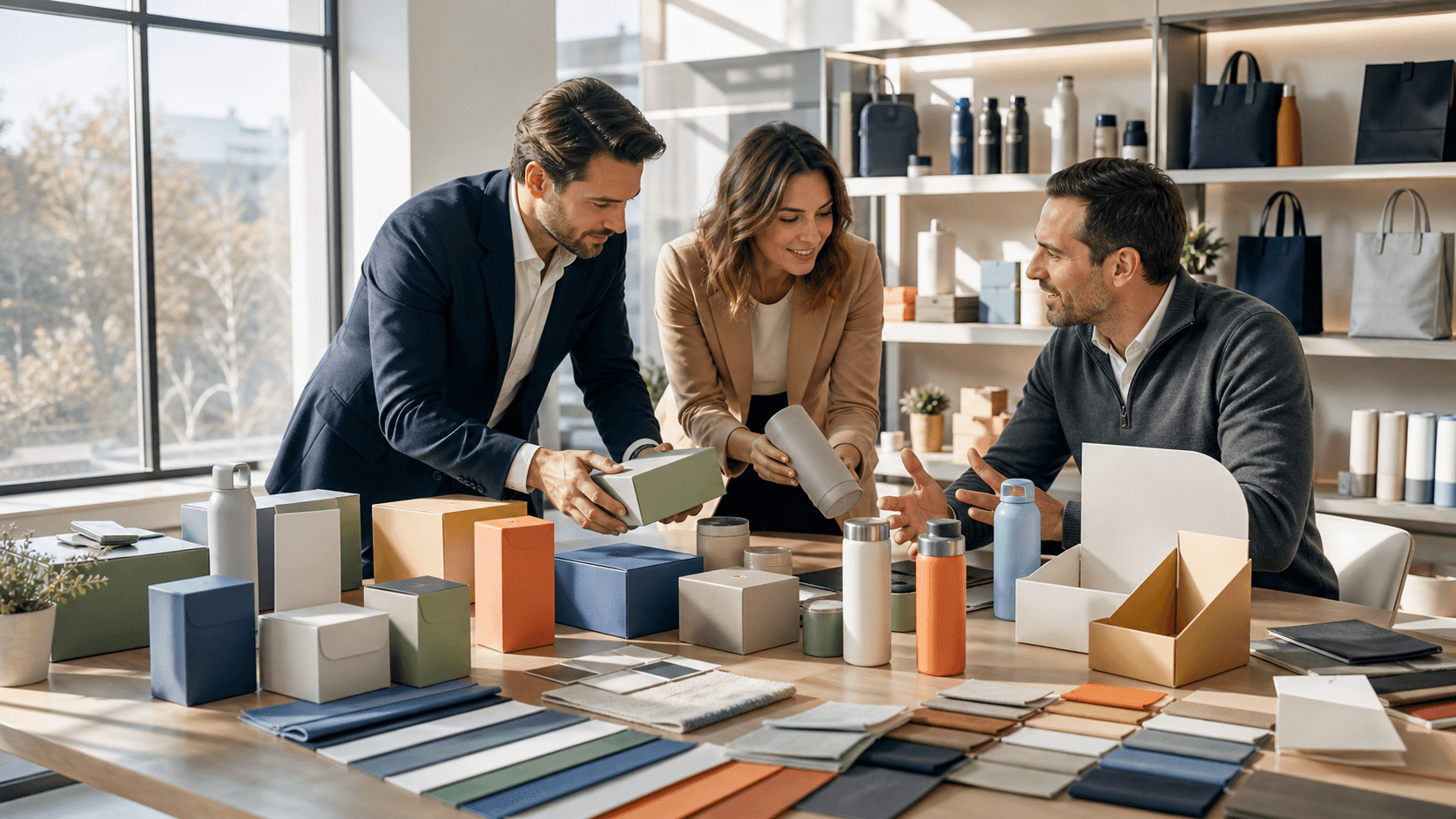 Two professionals shake hands over a table with colorful brand logos and strategy documents.
