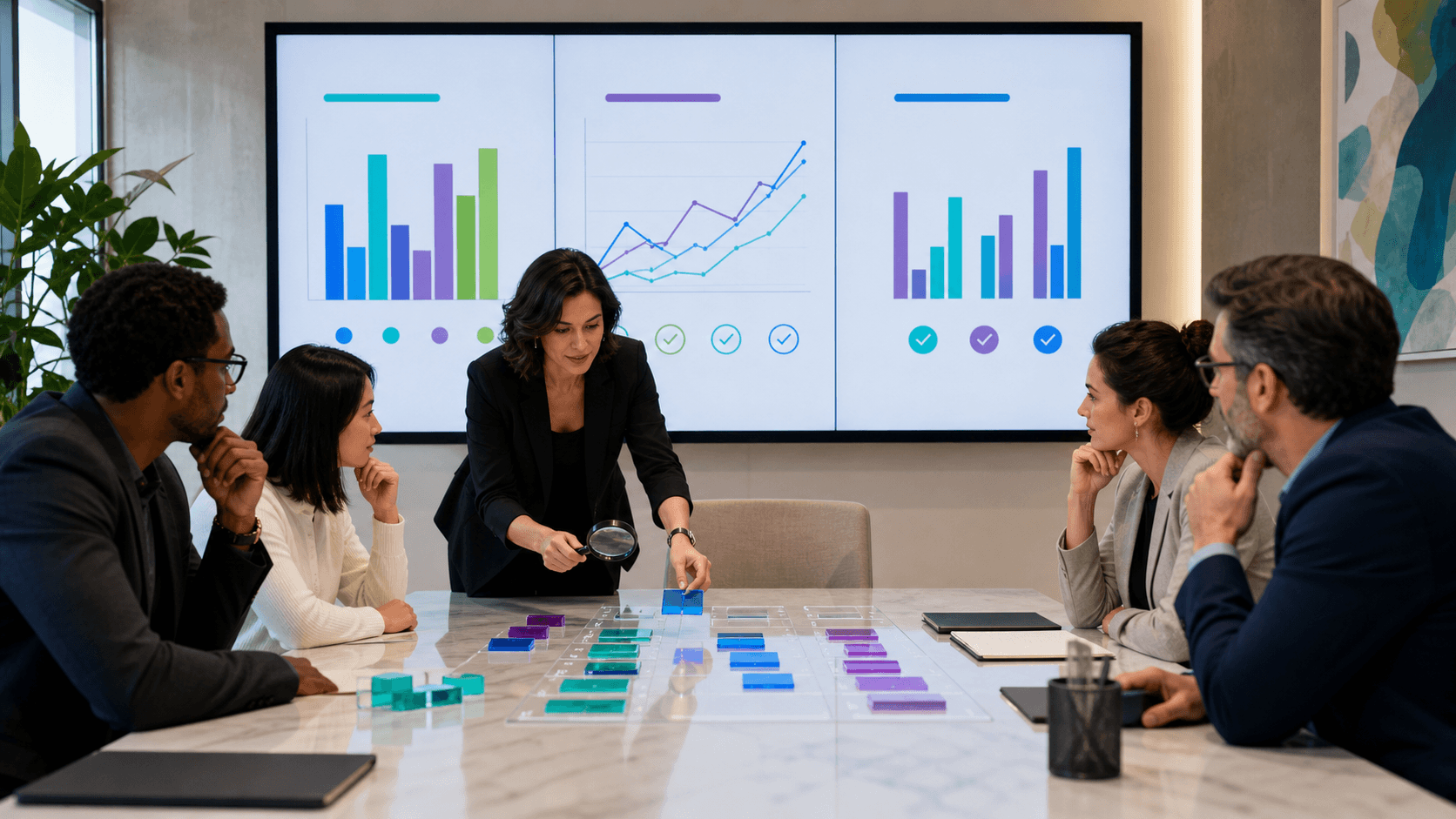 Blue-toned dashboard with scorecards, bar charts, a magnifying glass, and contract papers on a desk.