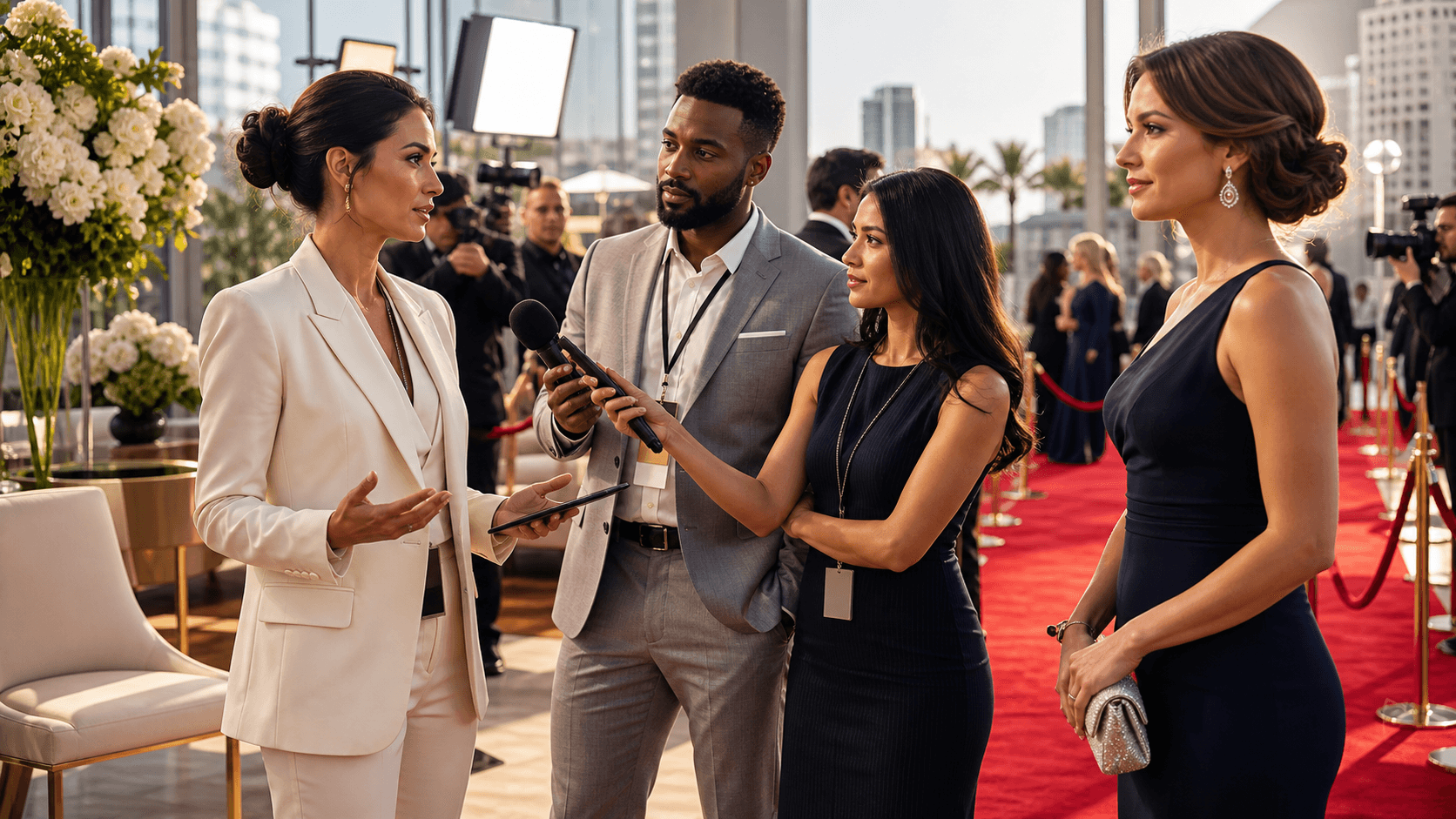 Spotlit red carpet flanked by gold stanchions and press cameras against a dark event backdrop.